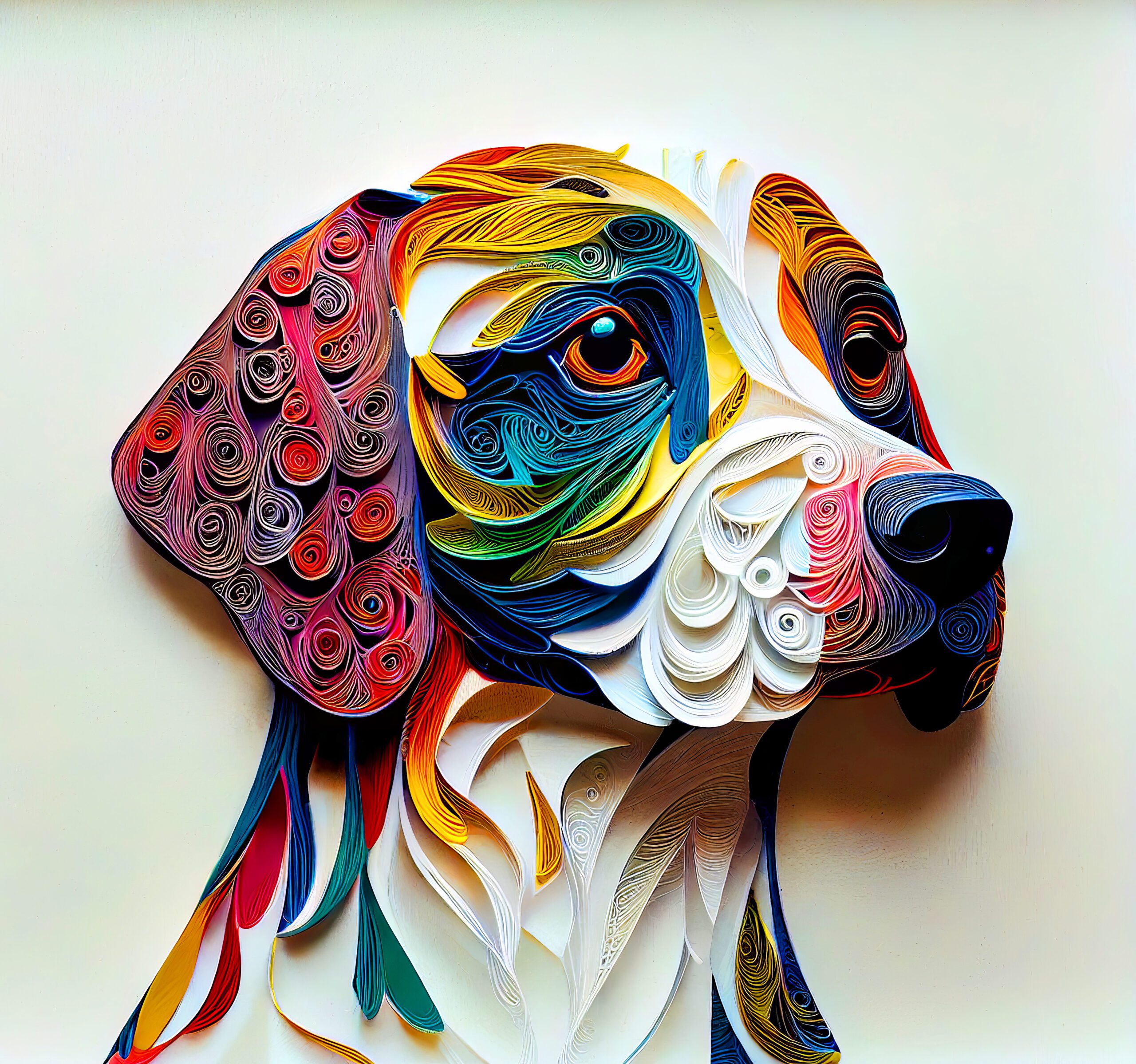 Colorful portrait of a dog with abstract patterns on the face.