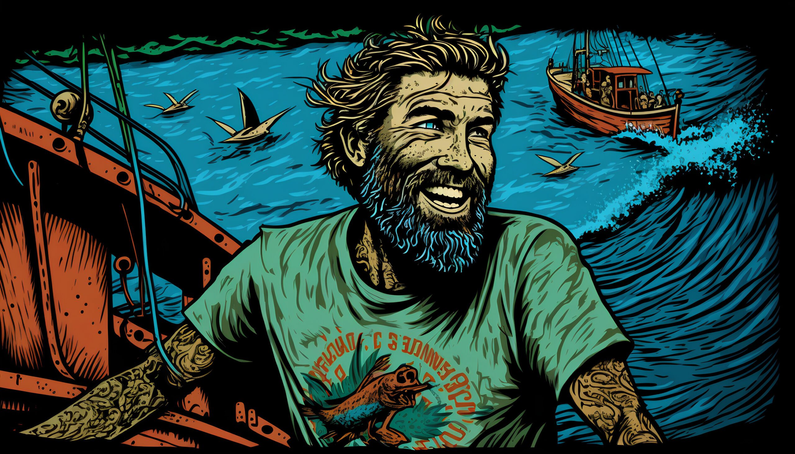 Man with beard on the background of the sea. Vector illustration.